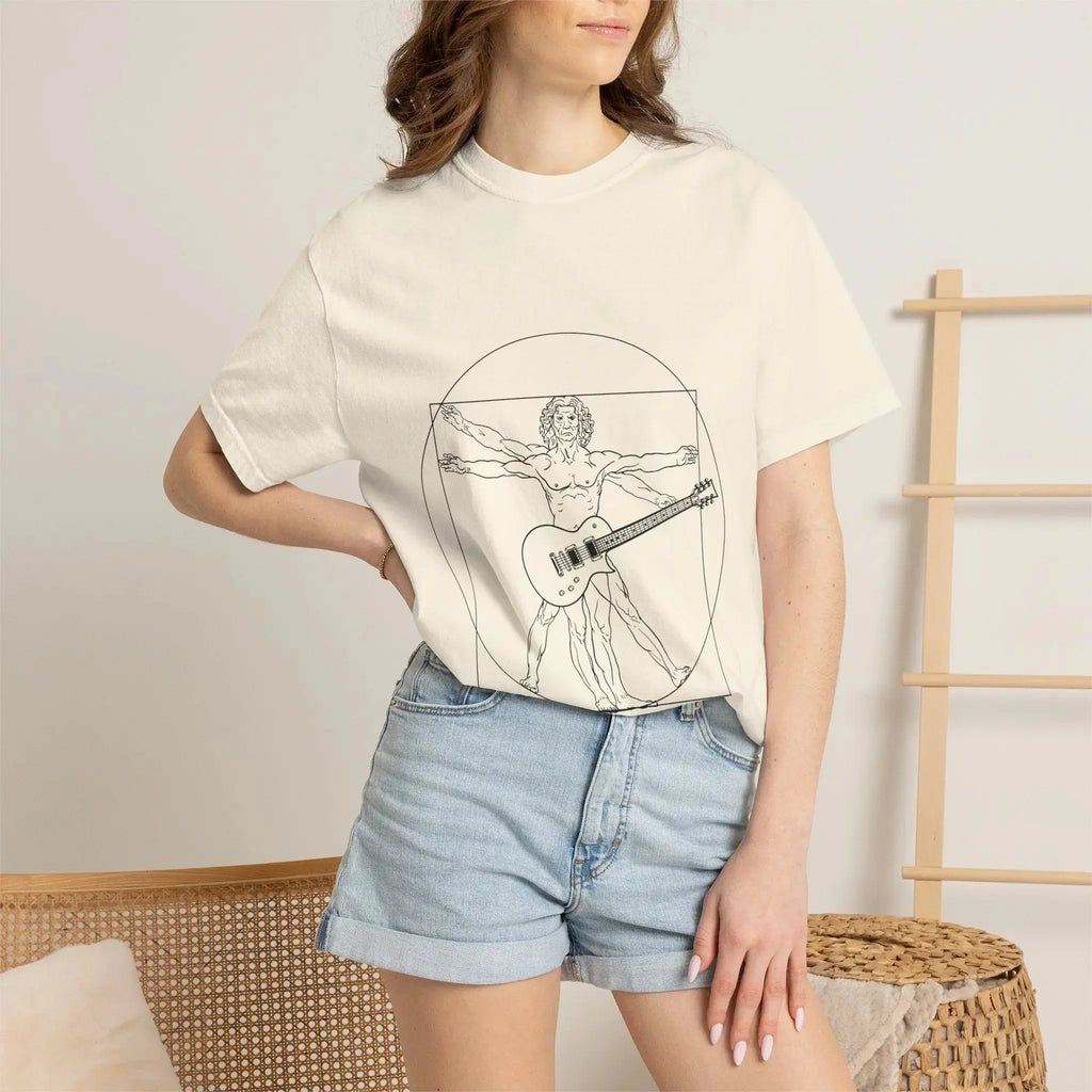 Da Vinci's Vitruvian Man with a Guitar T-Shirt — Classic White Garment-Dyed Tee Printify