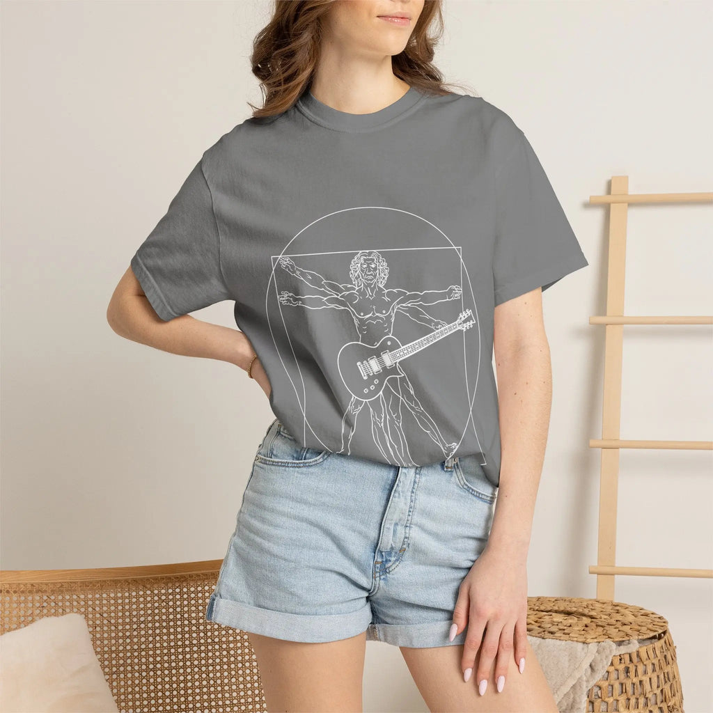 Da Vinci's Vitruvian Man with a Guitar T-Shirt — Classic White Garment-Dyed Tee Printify