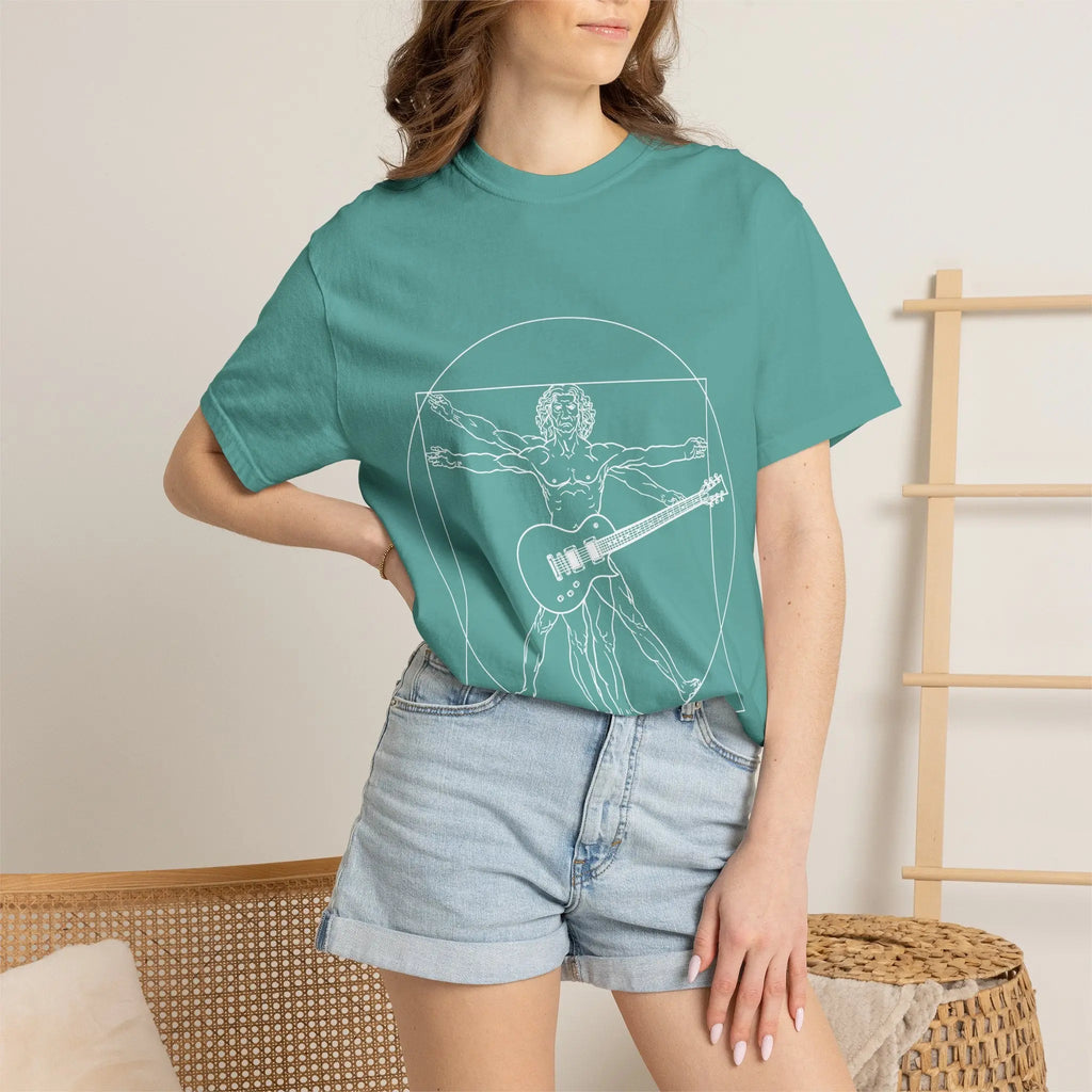 Da Vinci's Vitruvian Man with a Guitar T-Shirt — Classic White Garment-Dyed Tee Printify