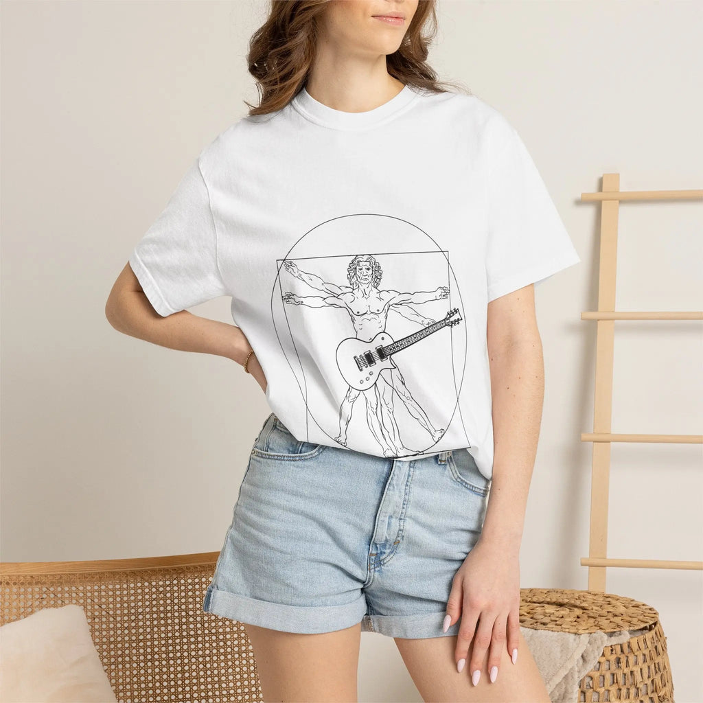 Da Vinci's Vitruvian Man with a Guitar T-Shirt — Classic White Garment-Dyed Tee Printify