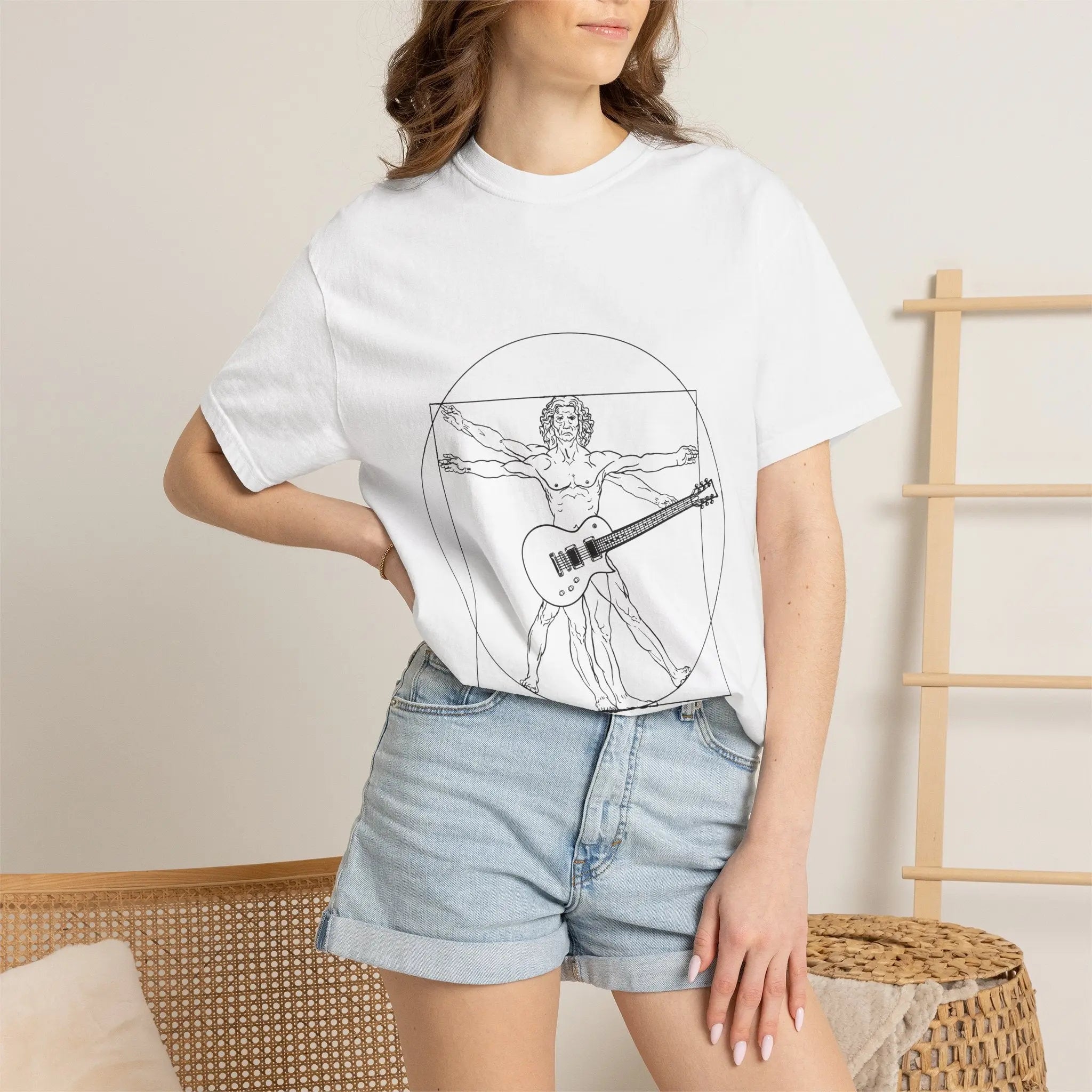 Da Vinci's Vitruvian Man with a Guitar T-Shirt — Classic White Garment-Dyed Tee Printify