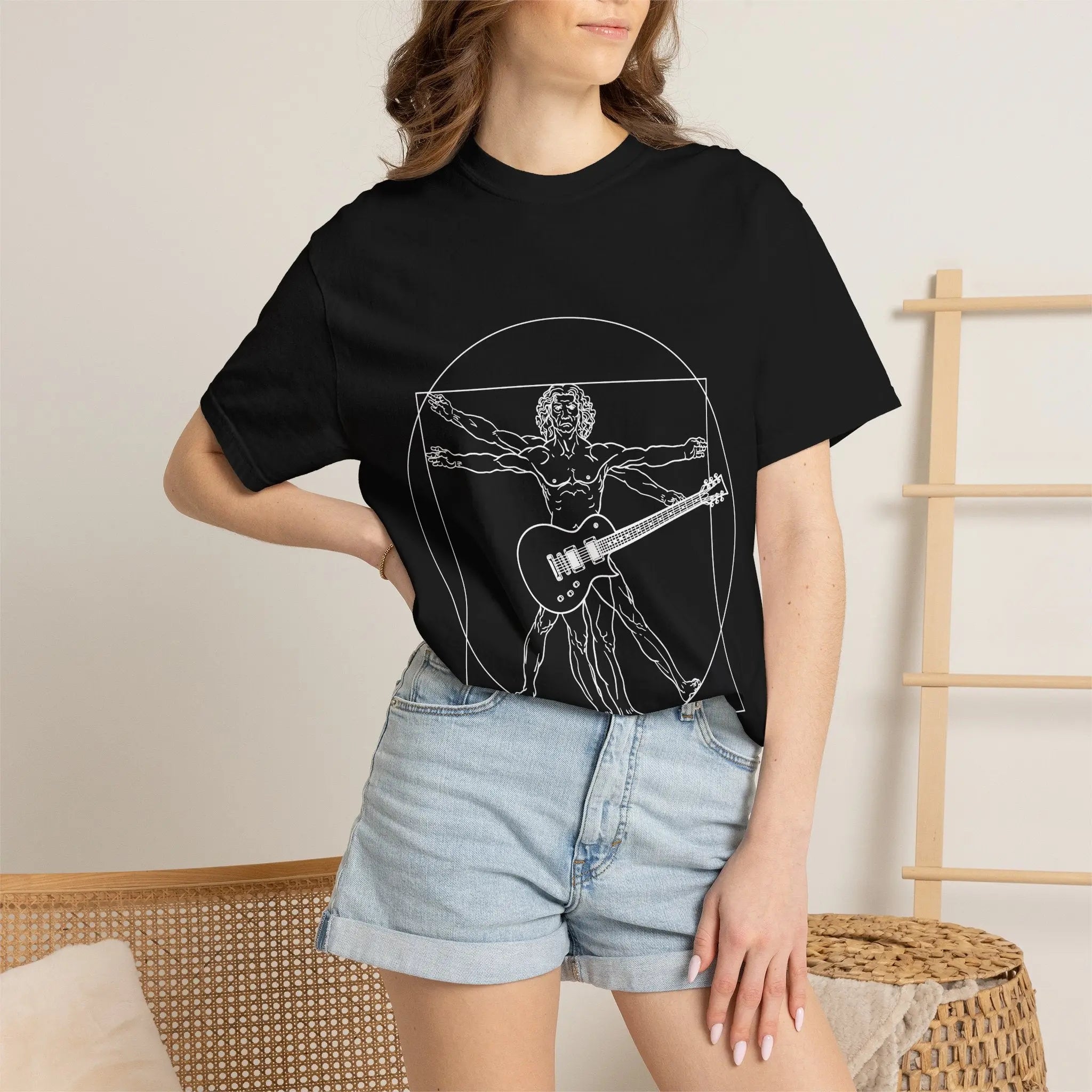 Da Vinci's Vitruvian Man with a Guitar T-Shirt — Classic White Garment-Dyed Tee Printify